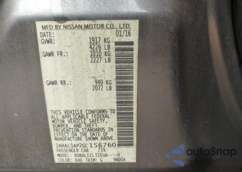 2016 Nissan Altima 2.5 Sv z USA, uszkodzony, nr VIN 1N4AL3AP2GC156760